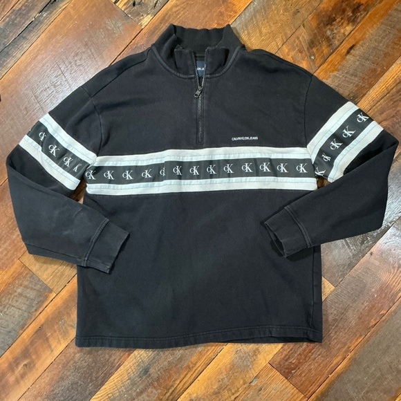 Calvin Klein Jeans Y2K 90s Black CK Logo Tape Quarter Zip Pullover Size XL NWOT - Picture 1 of 7